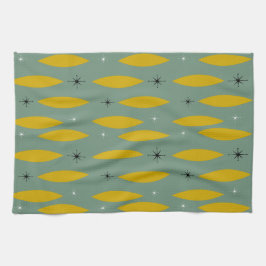 世紀半ばのモダンな楕円形、スターバスト、ティール（緑がかった色）の金ゴールド キッチンタオル