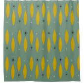 世紀半ばのモダンな楕円形、スターバスト、ティール(緑がかった色)の金ゴールド シャワーカーテン (正面)