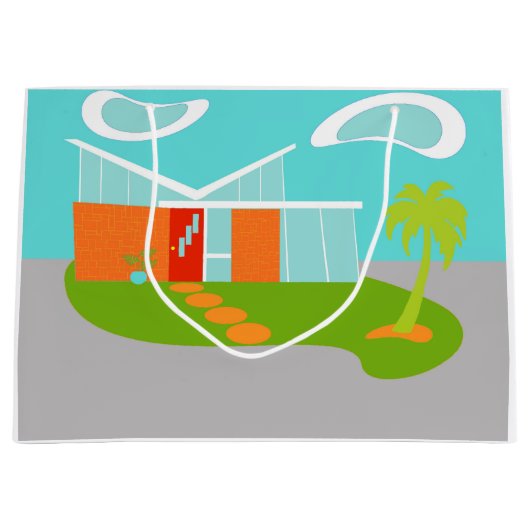 世紀半ばのモダンな漫画の家のギフトバッグ ラージペーパーバッグ (正面)