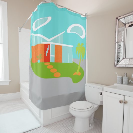 世紀半ばのモダンな漫画の家のシャワー・カーテン シャワーカーテン (インサイチュ)