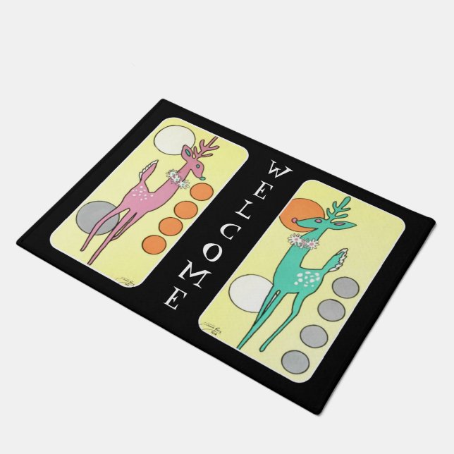 世紀半ばのモダンの抽象芸術のクリスマスのトナカイ ドアマット (アングル)