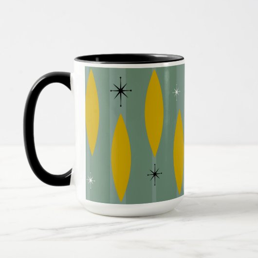 世紀半ばの楕円形のスターバストは、ティール(緑がかった色)の金ゴールド縞で飾ります マグカップ (左)