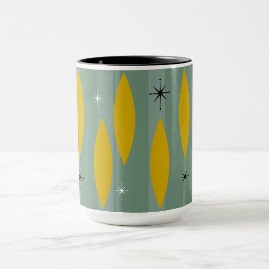 世紀半ばの楕円形のスターバストは、ティール(緑がかった色)の金ゴールド縞で飾ります マグカップ (中央)