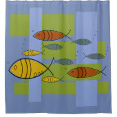 世紀半ばの青のモダンなレトロの魚の水泳 シャワーカーテン (正面)