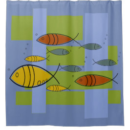 世紀半ばの青のモダンなレトロの魚の水泳 シャワーカーテン