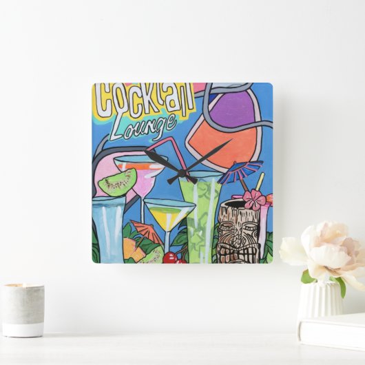 世紀半ばのaのモダンな熱帯Tikiのラウンジの絵画 スクエア壁時計 (ホーム)