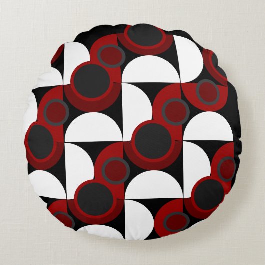 世紀半ばモダンの赤、黒、灰色 ラウンドクッション (正面)