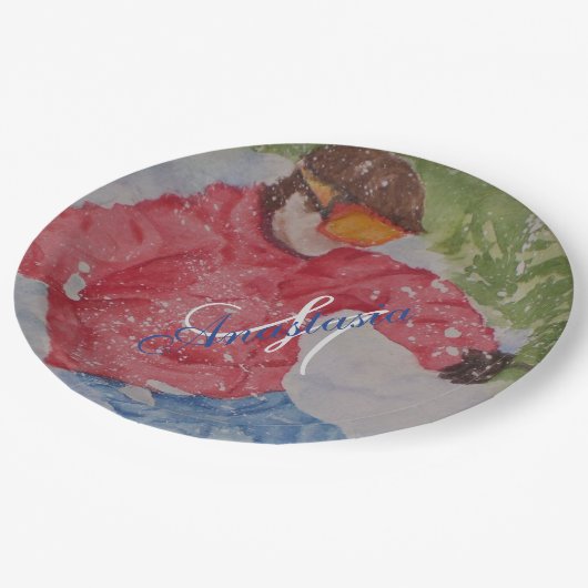 丘のスキーヤーのパーティーのモノグラム ペーパープレート (アングル)