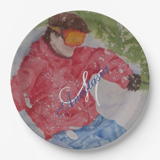 丘のスキーヤーのパーティーのモノグラム ペーパープレート (正面)