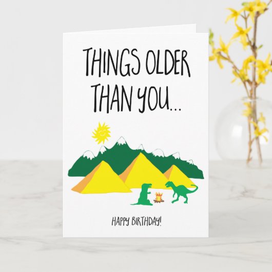丘の上おもしろいに恐竜の古い誕生日カード カード (黄色い花)