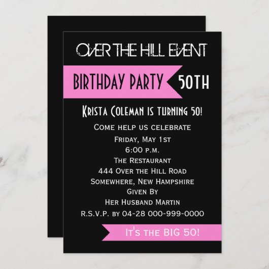 丘の上にピンクの50歳の誕生日パーティーの招待状 招待状 (正面/裏面)
