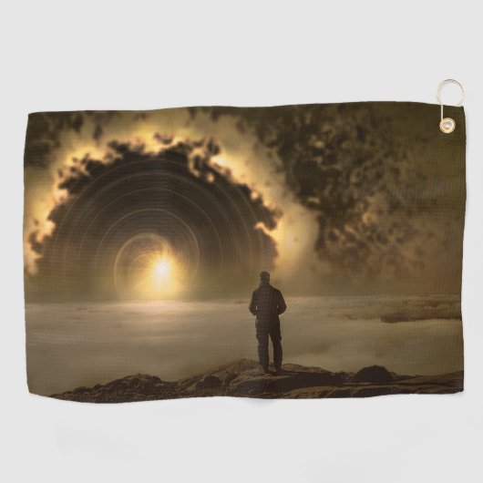 丘の上に立って大きな丘を見ている人 ゴルフタオル (横)