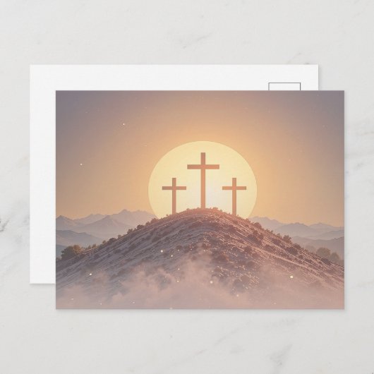 丘の上に3つの十字架の宗教的なイースター シーズンポストカード (正面/裏面)
