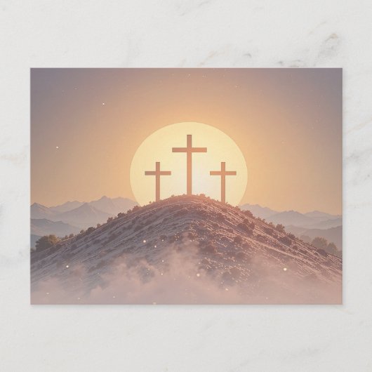 丘の上に3つの十字架の宗教的なイースター シーズンポストカード (正面)