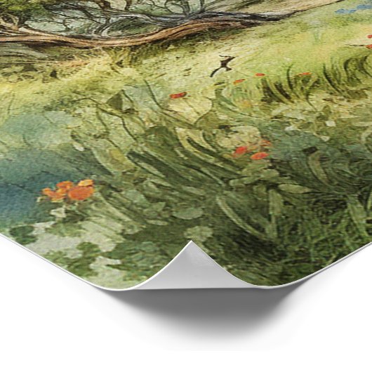 丘の上のコテージへの水の色の曲がりくねったパス ポスター (角)