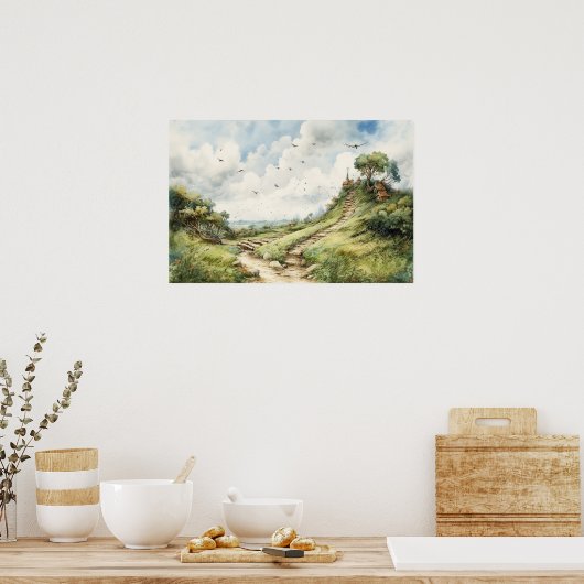 丘の上のコテージへの水の色の曲がりくねったパス ポスター (キッチン)