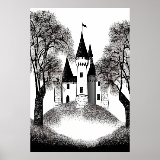 丘の上の城の黒と白のスケッチ | AI Art ポスター (正面)