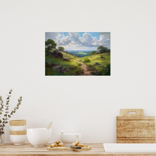 丘の上の牧草地の曲がりくねった道の油絵 ポスター (キッチン)