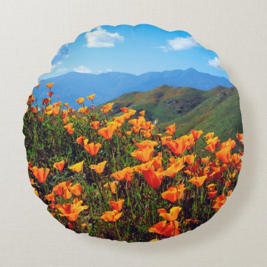 丘の中腹を覆うカリフォルニアのケシ ラウンドクッション (正面)