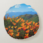 丘の中腹を覆うカリフォルニアのケシ ラウンドクッション (裏面)