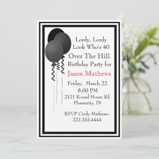 丘の誕生日の招待状上の黒い気球 招待状 (スタンド正面)