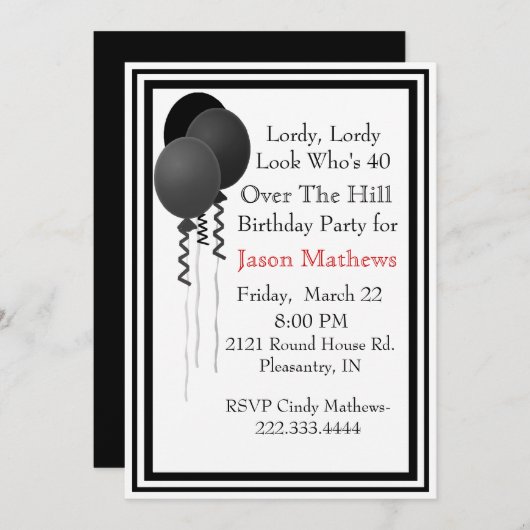 丘の誕生日の招待状上の黒い気球 招待状 (正面/裏面)