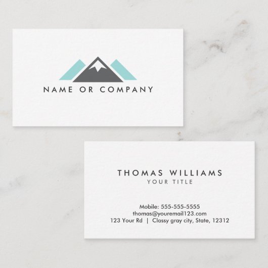 丘または山のロゴ、灰色および淡い色のな水の青 名刺 (正面/裏面)