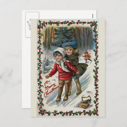 「丘を滑り落ちる」ヴィンテージクリスマスポストカード シーズンポストカード (正面/裏面)