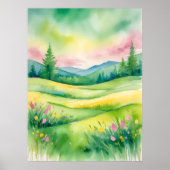 丘陵と樹木が茂る水彩牧草地 ポスター (正面)
