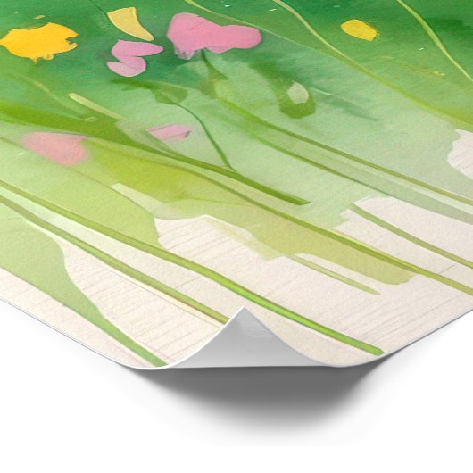 丘陵と樹木が茂る水彩牧草地 ポスター (角)