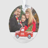 両カスタム面家族写真レッドトラッククリスマス オーナメント (正面)