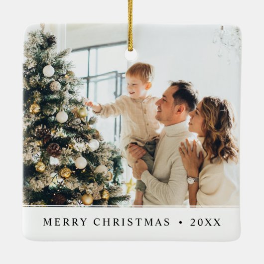 両側モダンファミリー名クリスマスフォト セラミックオーナメント (裏面)