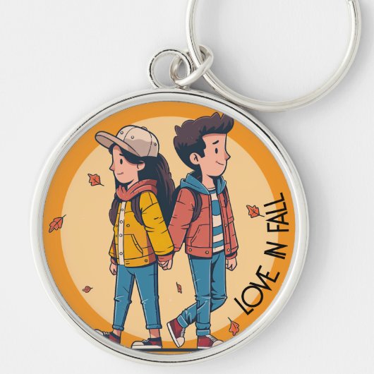 両手を持つカップルの歩くの秋 キーホルダー (正面)