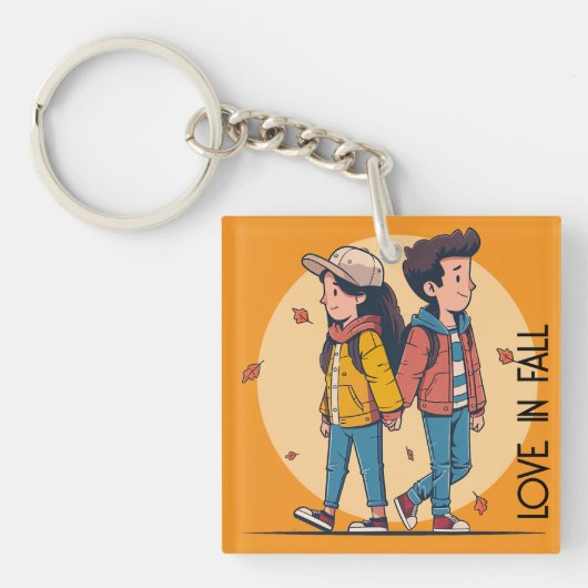 両手を持つカップルの歩くの秋 キーホルダー (正面)