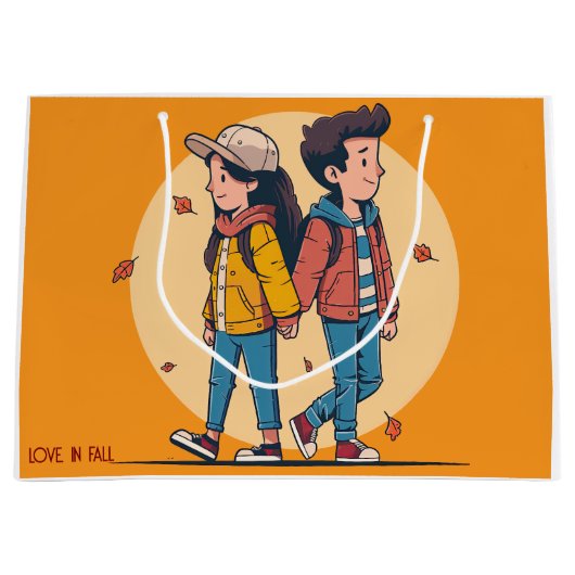 両手を持つカップルの歩くの秋 ラージペーパーバッグ (正面)