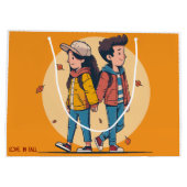 両手を持つカップルの歩くの秋 ラージペーパーバッグ (裏面)