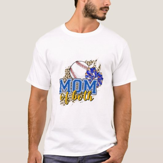 両方の野球の母の母の応援ママleopardプリントW Tシャツ (正面)