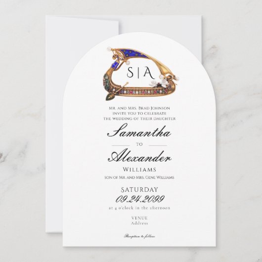 両親とヴェネツィアのゴンドラ、黒と白の結婚式 招待状 (正面)