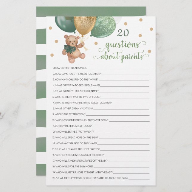 両親についての20質問ベビーシャワーテディベア (正面/裏面)