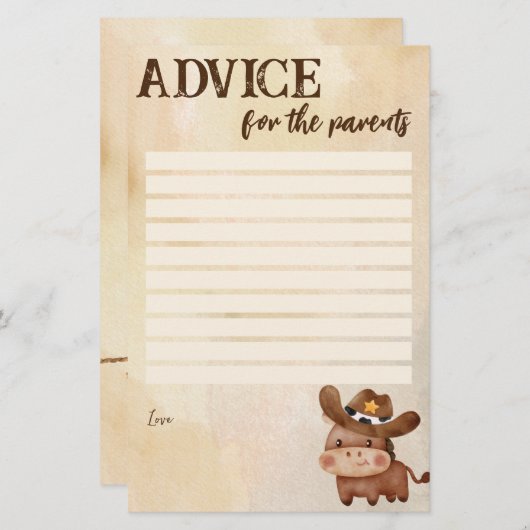 両親のための赤ちゃんシャワーアドバイス小さなカウボーイ 便箋 (正面/裏面)