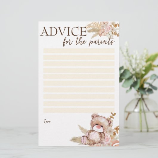 両親のテディベアのためのベビーシャワーアドバイス 便箋 (スタンド正面)