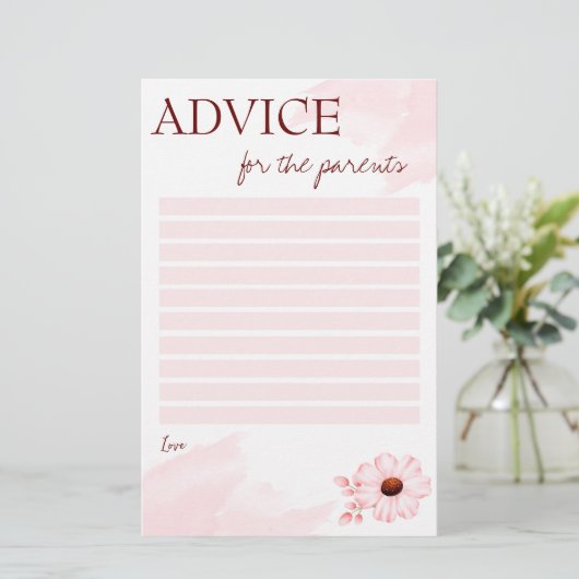 両親のピンクカードのためのベビーシャワーアドバイス 便箋 (スタンド正面)