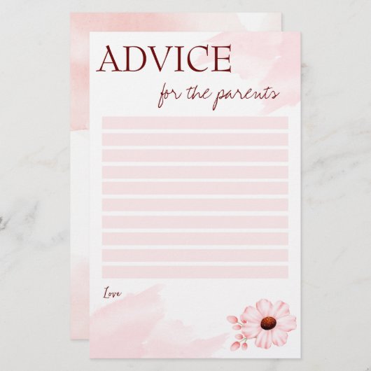 両親のピンクカードのためのベビーシャワーアドバイス 便箋 (正面/裏面)