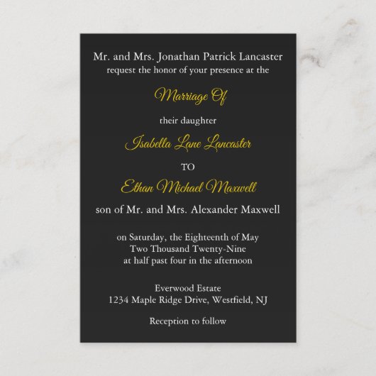 両親の名前が入った伝統的な結婚式 招待状 (正面)