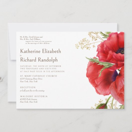 両親の赤い花の2つの会場の白い結婚式 招待状 (正面)