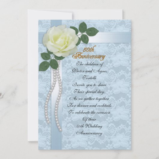 両親の50周年記念パーティー 青いレースとローズ 招待状 (正面)