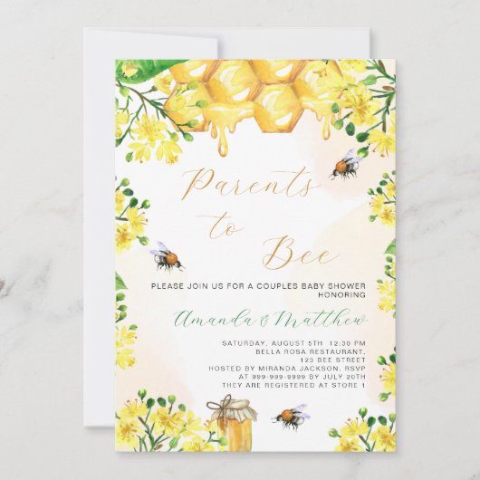 両親は黄色の花模様赤ちゃんシャワー 招待状 (正面)