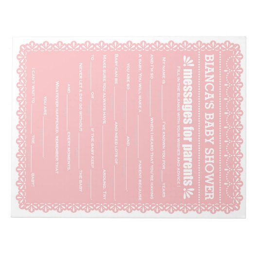 両親へのメッセージPink Papel Picado Baby Shower ノートパッド (正面)
