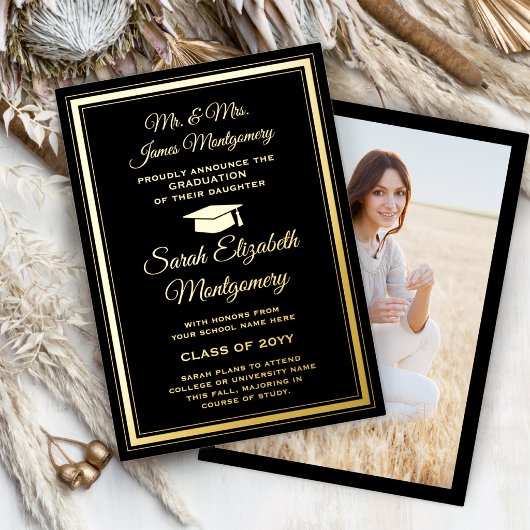両親ブラック&フォイル写真卒業発表 箔招待状