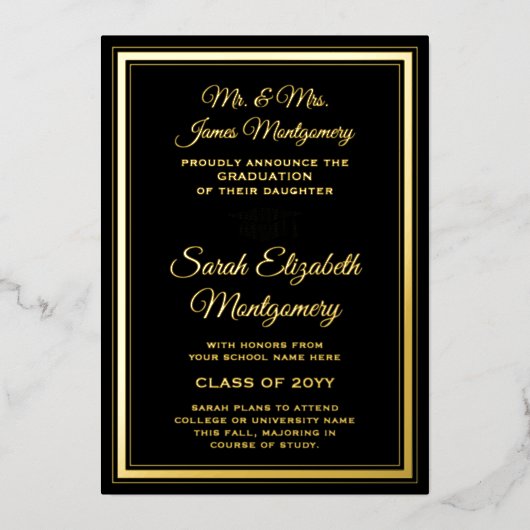 両親ブラック&フォイル写真卒業発表 箔招待状 (正面)